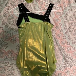Girl’s green metallic gymnastics leotard with matching scrunchie